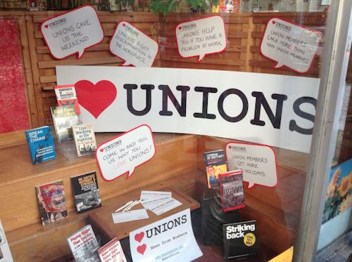 window display of books about trade unions