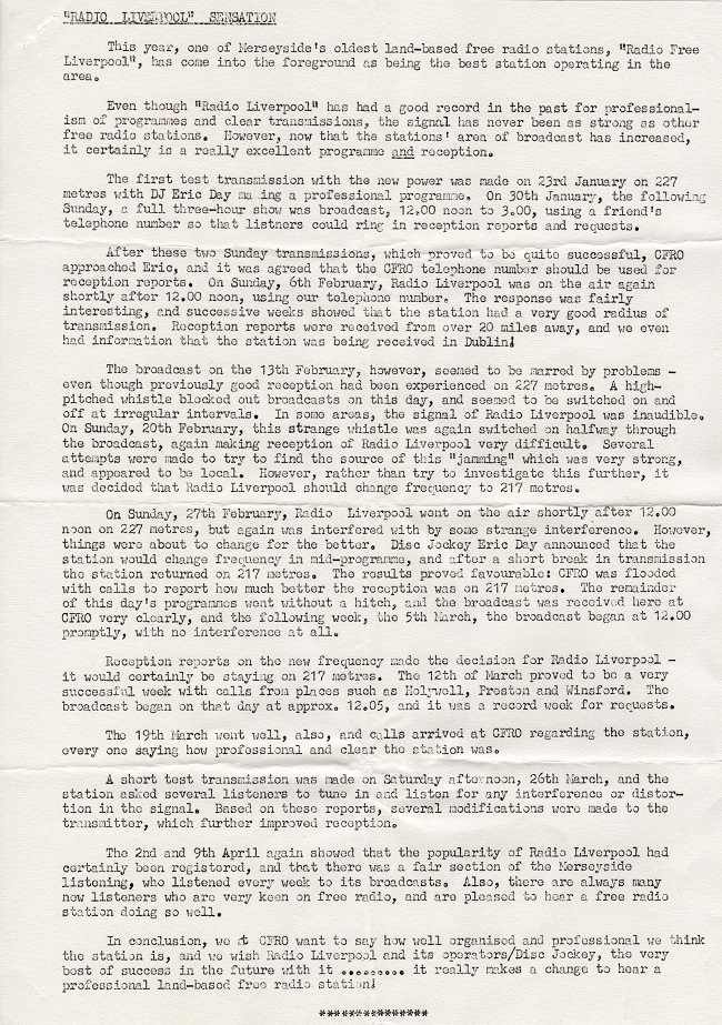 From the CFRO newsletter, August 1972 (first page)