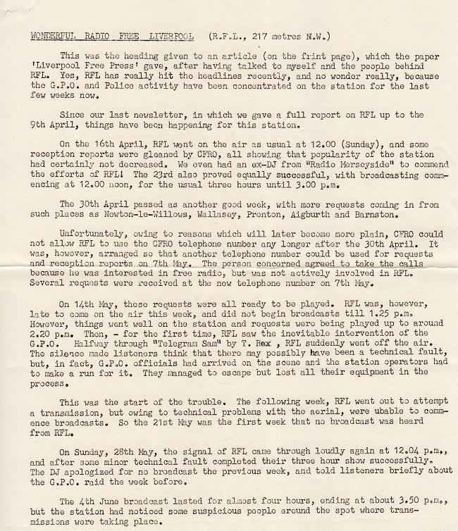 From the CFRO newsletter, May 1972